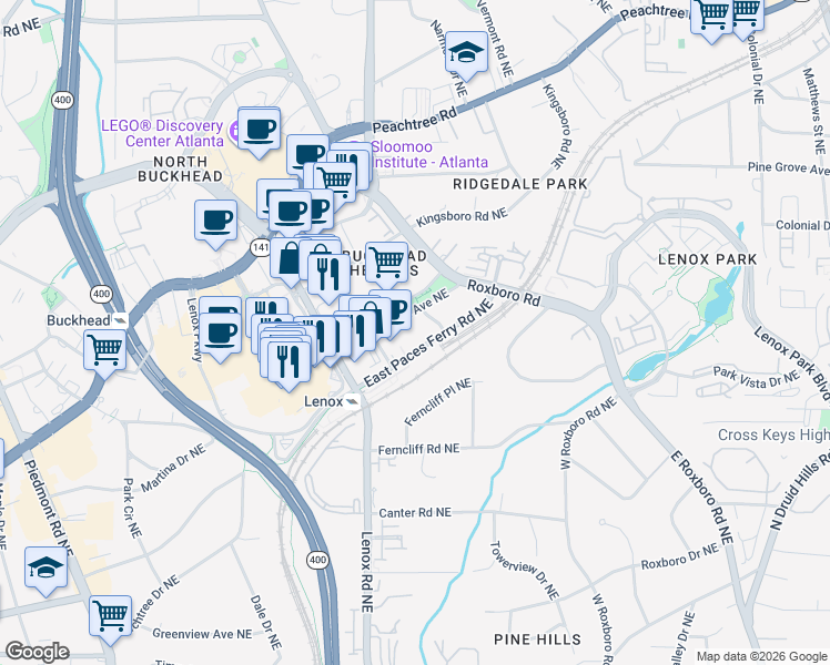 map of restaurants, bars, coffee shops, grocery stores, and more near 950 East Paces Ferry Road Northeast in Atlanta