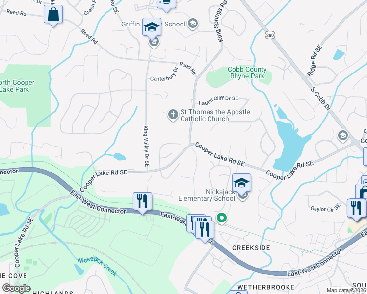 map of restaurants, bars, coffee shops, grocery stores, and more near 4351 Cooper Oaks Drive Southeast in Smyrna