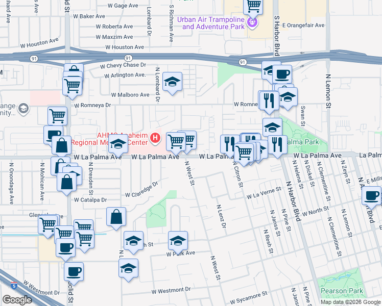 map of restaurants, bars, coffee shops, grocery stores, and more near in Anaheim