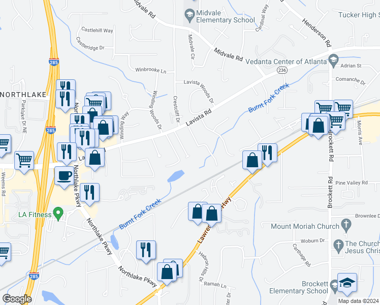 map of restaurants, bars, coffee shops, grocery stores, and more near 3750 Sturbridge Court in Tucker