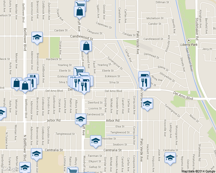 map of restaurants, bars, coffee shops, grocery stores, and more near 6107 Del Amo Boulevard in Lakewood