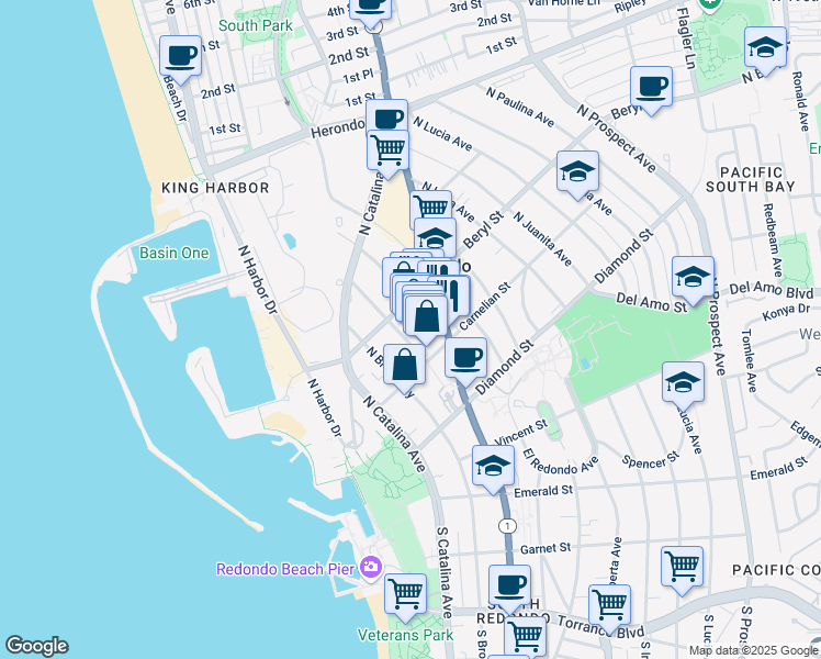 map of restaurants, bars, coffee shops, grocery stores, and more near 419 North Pacific Coast Highway in Redondo Beach