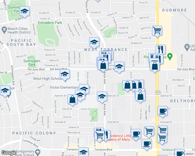 map of restaurants, bars, coffee shops, grocery stores, and more near 4703 Michelle Drive in Torrance