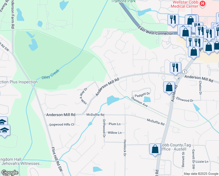 map of restaurants, bars, coffee shops, grocery stores, and more near 2225 Anderson Mill Road in Austell
