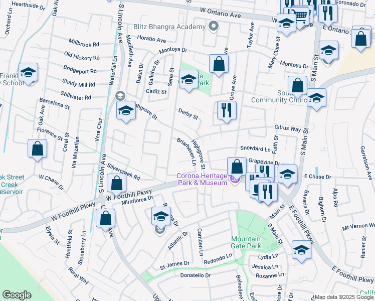 map of restaurants, bars, coffee shops, grocery stores, and more near 2914 Briarhaven Lane in Corona