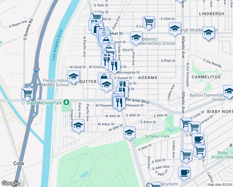 map of restaurants, bars, coffee shops, grocery stores, and more near 301 East Artesia Boulevard in Long Beach