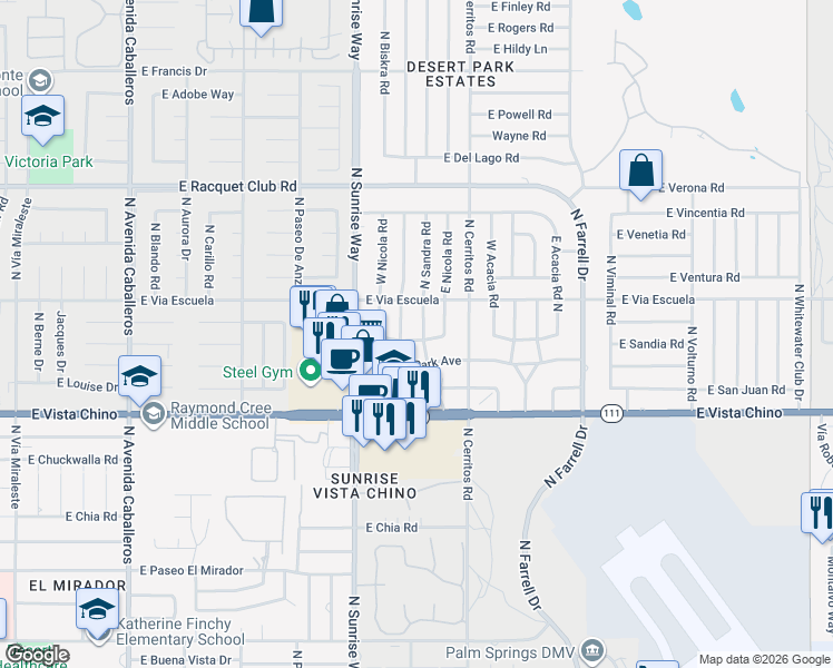 map of restaurants, bars, coffee shops, grocery stores, and more near 2003 North Sandra Road in Palm Springs