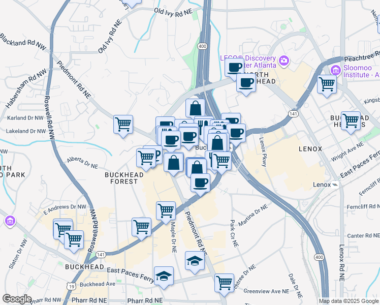 map of restaurants, bars, coffee shops, grocery stores, and more near 15 Tower Place Drive Northeast in Atlanta