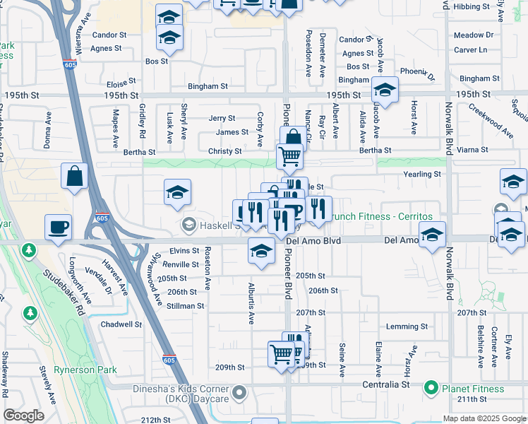 map of restaurants, bars, coffee shops, grocery stores, and more near 20130 Village Green Drive in Lakewood