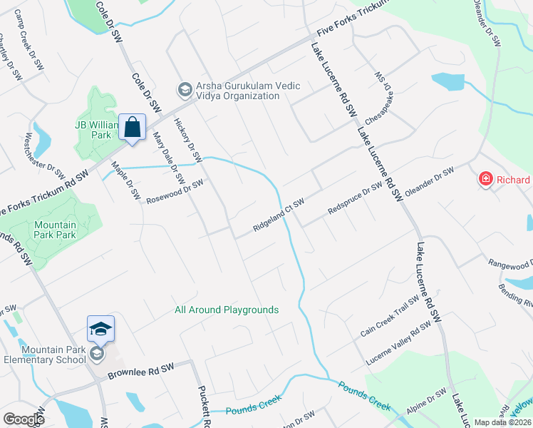 map of restaurants, bars, coffee shops, grocery stores, and more near 1462 Ridgeland Court Southwest in Lilburn