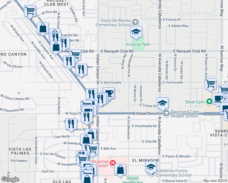 map of restaurants, bars, coffee shops, grocery stores, and more near 325 East Via Escuela in Palm Springs