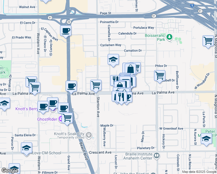 map of restaurants, bars, coffee shops, grocery stores, and more near 8073 Cactus Circle in Buena Park