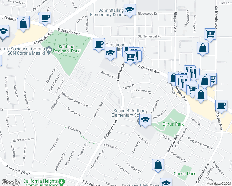 map of restaurants, bars, coffee shops, grocery stores, and more near 929 Ferndale Drive in Corona