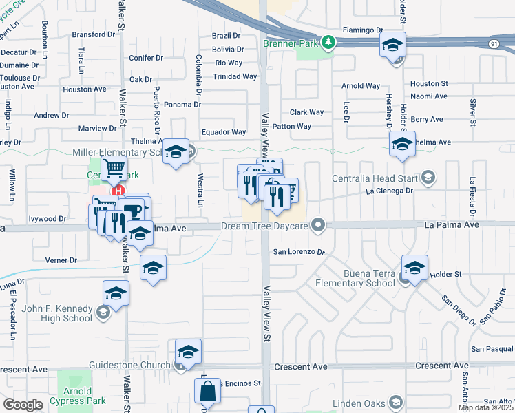 map of restaurants, bars, coffee shops, grocery stores, and more near 7971 Valley View Street in La Palma