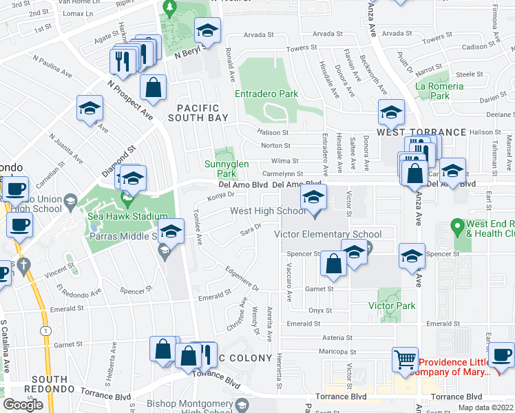 map of restaurants, bars, coffee shops, grocery stores, and more near 20337 Mason Court in Torrance