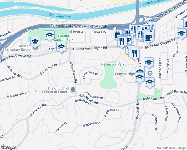 map of restaurants, bars, coffee shops, grocery stores, and more near 346 Silverbrook Dr in Anaheim