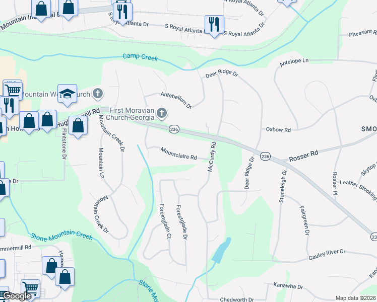 map of restaurants, bars, coffee shops, grocery stores, and more near 4988 Mountclaire Road in Stone Mountain