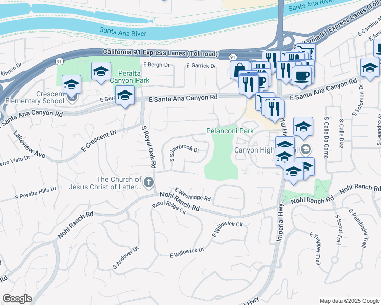 map of restaurants, bars, coffee shops, grocery stores, and more near 346 South Silverbrook Drive in Anaheim