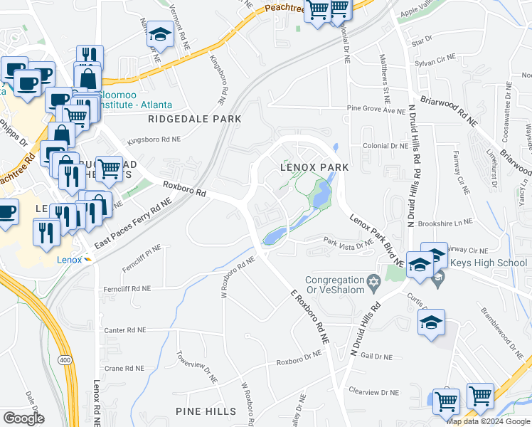 map of restaurants, bars, coffee shops, grocery stores, and more near Lenox Park Circle Northeast in Atlanta