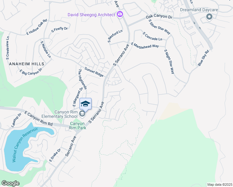 map of restaurants, bars, coffee shops, grocery stores, and more near 8025 East Sandstone Drive in Anaheim