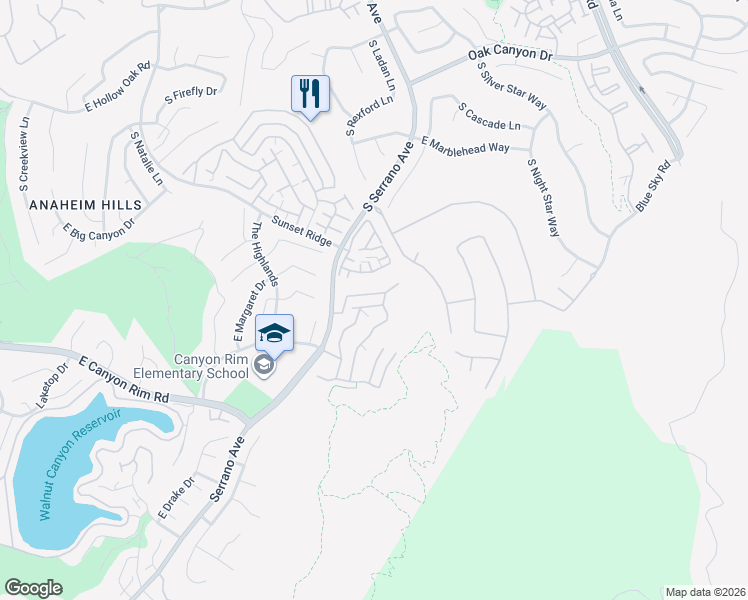 map of restaurants, bars, coffee shops, grocery stores, and more near 8071 East Desert Pine Drive in Anaheim