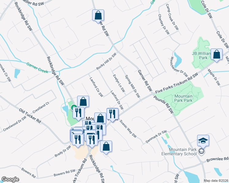map of restaurants, bars, coffee shops, grocery stores, and more near 1126 Lanford Drive Southwest in Lilburn