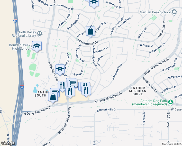 map of restaurants, bars, coffee shops, grocery stores, and more near 3304 West Honor Court in New River