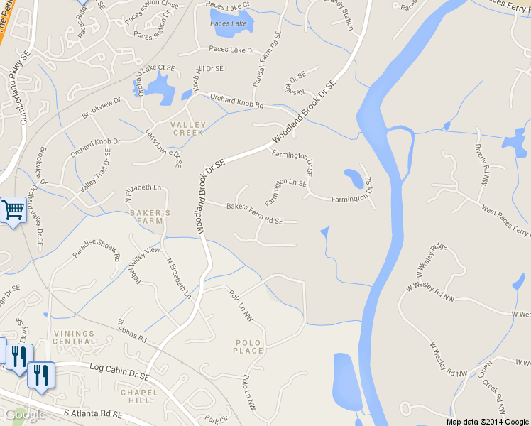 map of restaurants, bars, coffee shops, grocery stores, and more near 2909 Bakers Farm Road Southeast in Atlanta