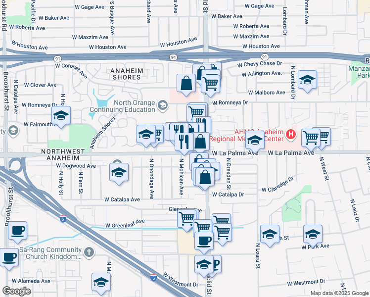 map of restaurants, bars, coffee shops, grocery stores, and more near 1745 West La Palma Avenue in Anaheim