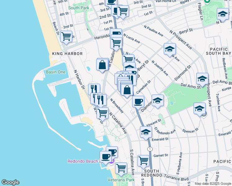 map of restaurants, bars, coffee shops, grocery stores, and more near 220 Beryl Street in Redondo Beach