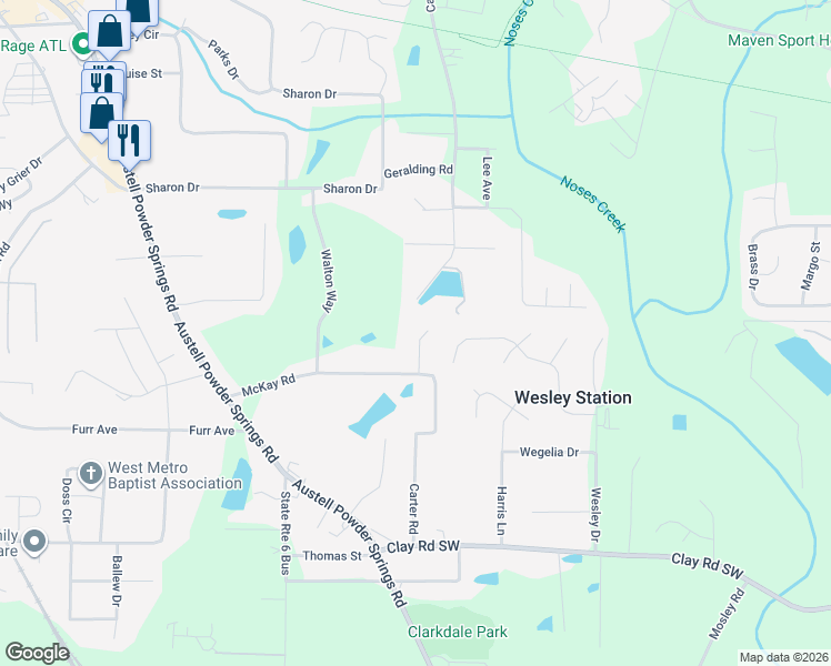 map of restaurants, bars, coffee shops, grocery stores, and more near 4310 Megan Manor Drive Southwest in Powder Springs