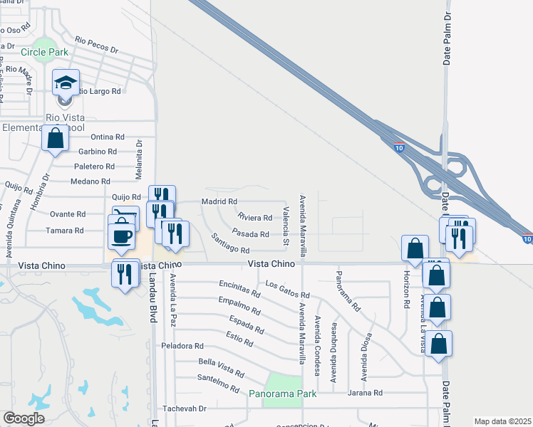 map of restaurants, bars, coffee shops, grocery stores, and more near 68420 Riviera Road in Cathedral City