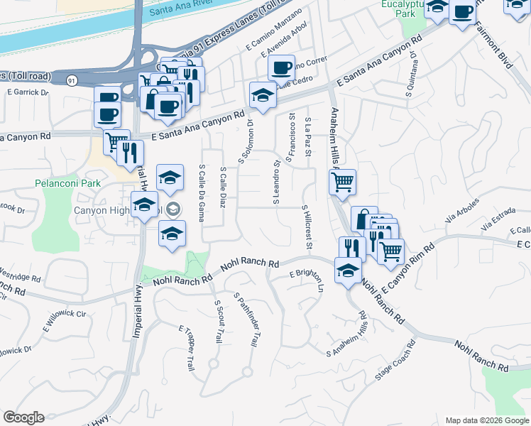 map of restaurants, bars, coffee shops, grocery stores, and more near 5926 East Tiber Drive in Anaheim