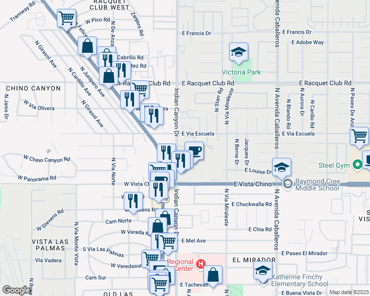 map of restaurants, bars, coffee shops, grocery stores, and more near 2001 North Indian Canyon Drive in Palm Springs