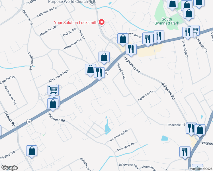 map of restaurants, bars, coffee shops, grocery stores, and more near 2236 Thackery Road Southwest in Snellville