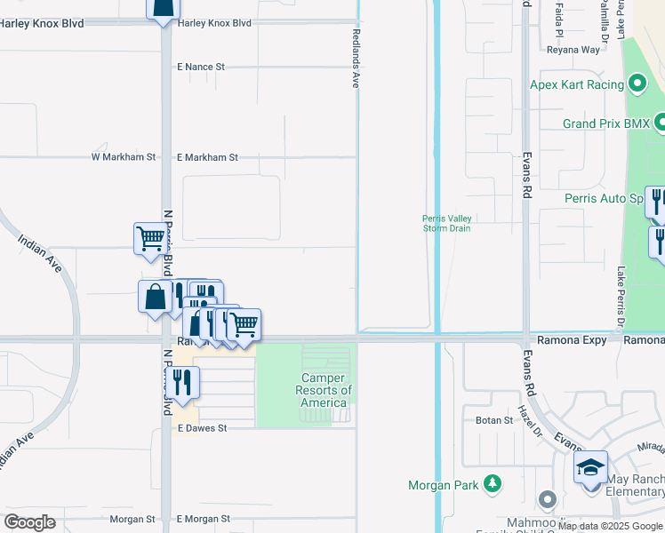 map of restaurants, bars, coffee shops, grocery stores, and more near 353 Perry Street in Perris