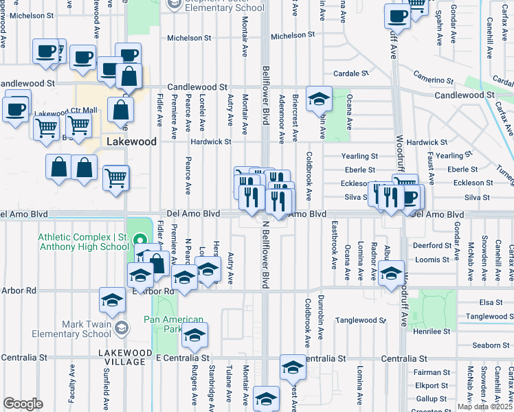 map of restaurants, bars, coffee shops, grocery stores, and more near 2239 Del Amo Boulevard in Lakewood