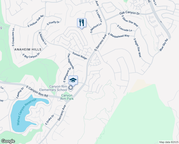 map of restaurants, bars, coffee shops, grocery stores, and more near 8025 East Sandstone Drive in Anaheim