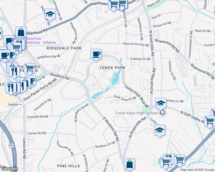 map of restaurants, bars, coffee shops, grocery stores, and more near Lenox Park Running Trail in Brookhaven