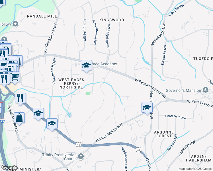 map of restaurants, bars, coffee shops, grocery stores, and more near 3380 East Wood Valley Road Northwest in Atlanta