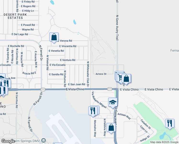 map of restaurants, bars, coffee shops, grocery stores, and more near 2030 North Whitewater Club Drive in Palm Springs