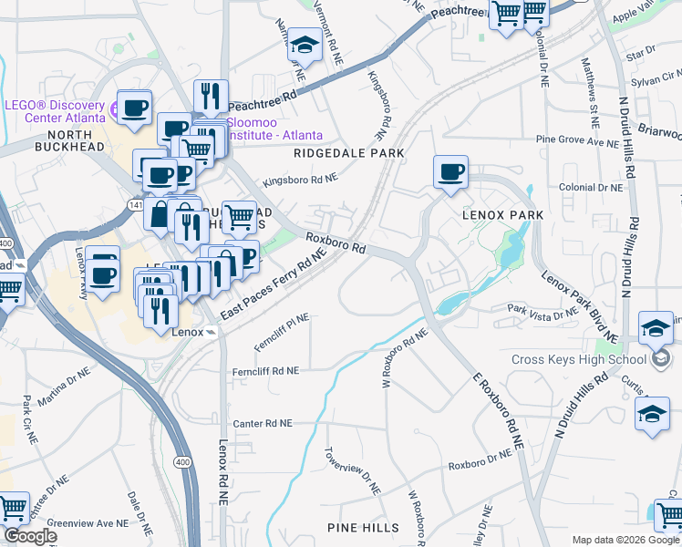 map of restaurants, bars, coffee shops, grocery stores, and more near 3508 Rockhaven Circle Northeast in Atlanta
