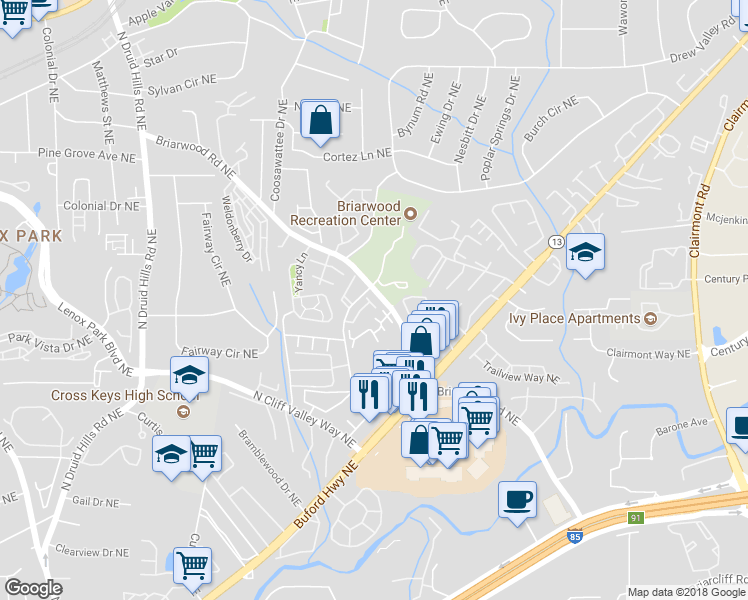map of restaurants, bars, coffee shops, grocery stores, and more near 1414 Briarhaven Trail in Atlanta