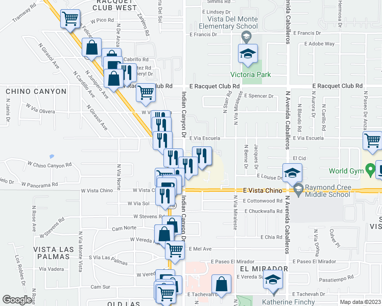 map of restaurants, bars, coffee shops, grocery stores, and more near 181 The Riv in Palm Springs