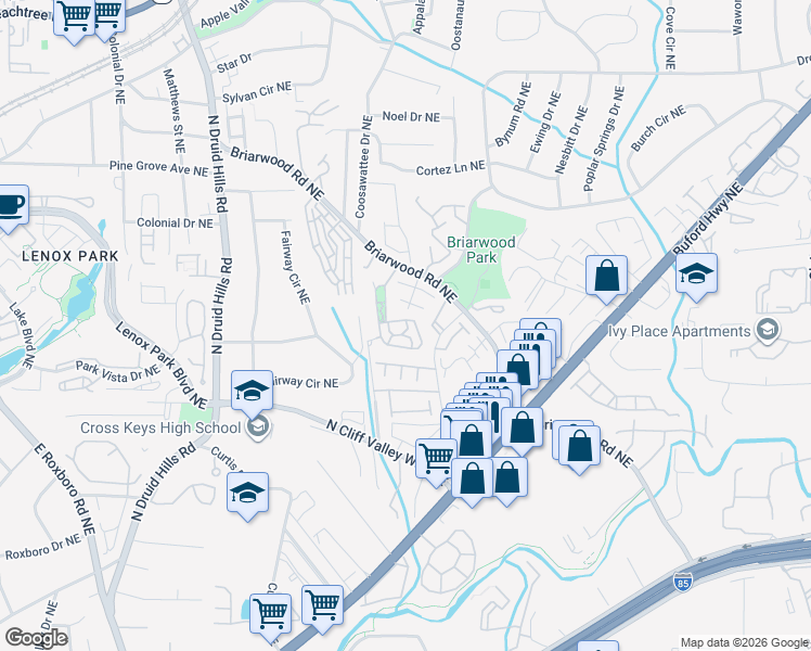 map of restaurants, bars, coffee shops, grocery stores, and more near 1939 Cobblestone Circle Northeast in Atlanta