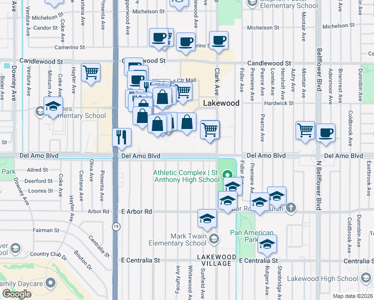 map of restaurants, bars, coffee shops, grocery stores, and more near 4901-4919 Faculty Ave in Lakewood