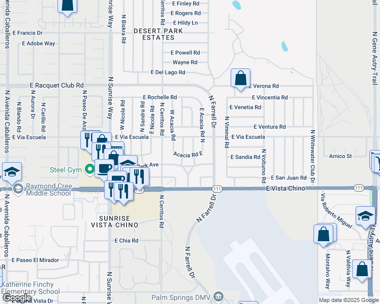 map of restaurants, bars, coffee shops, grocery stores, and more near 2025 North Victoria Road in Palm Springs