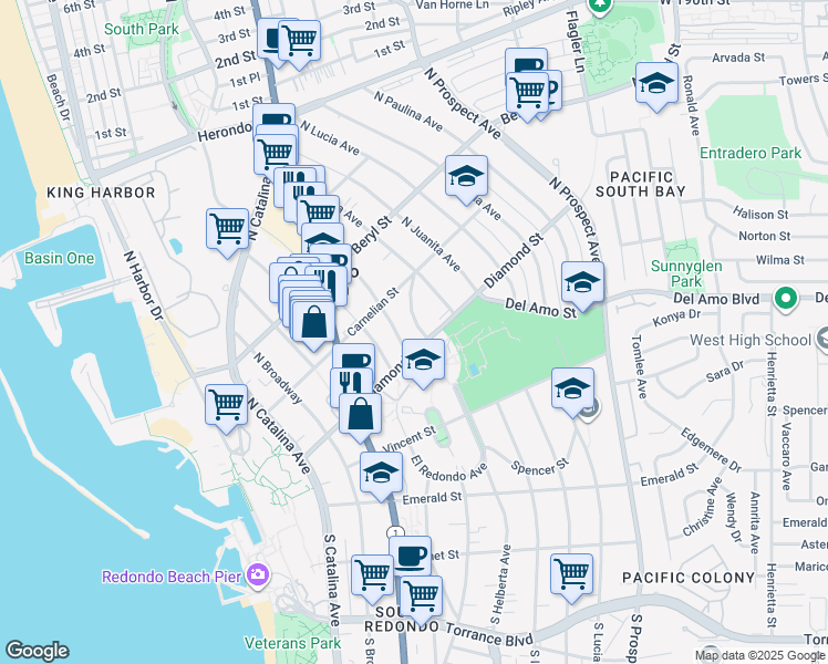map of restaurants, bars, coffee shops, grocery stores, and more near 507 North Helberta Avenue in Redondo Beach