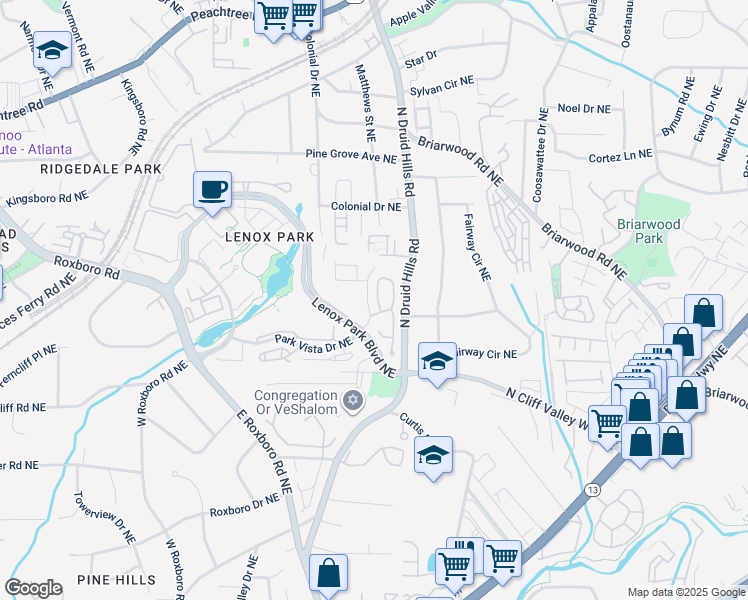 map of restaurants, bars, coffee shops, grocery stores, and more near 1267 Village Run Northeast in Atlanta
