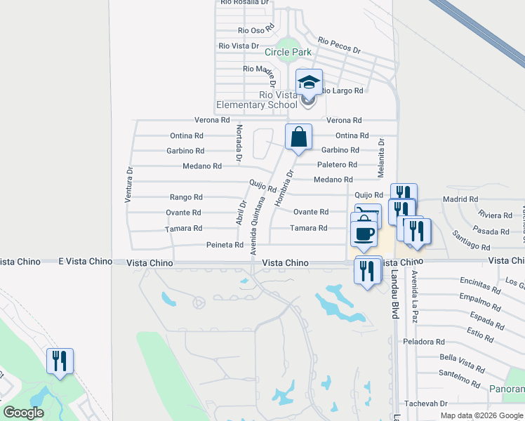 map of restaurants, bars, coffee shops, grocery stores, and more near 27620 Avenida Quintana in Cathedral City